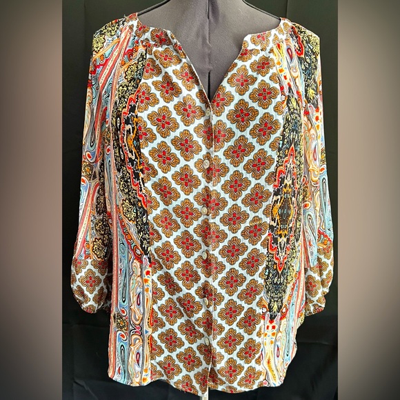 fig and flower Tops - Fig and Flower Women's Multicolor Boho Print Blouse Large